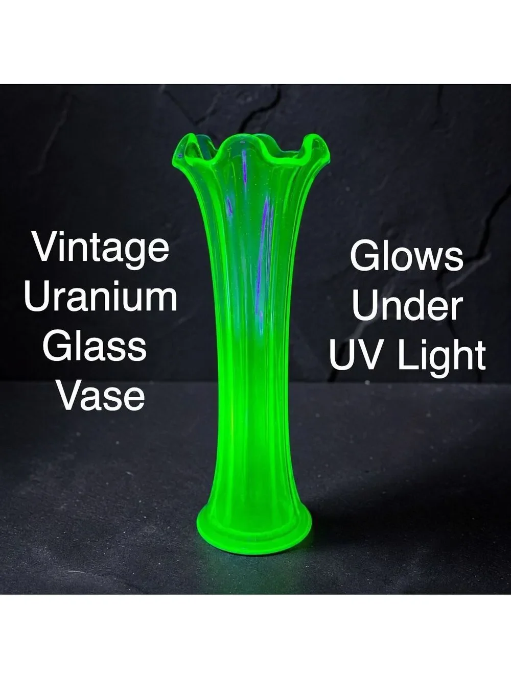 Vintage Uranium Vaseline Glass Vase Green Ruffled Rim 9.5